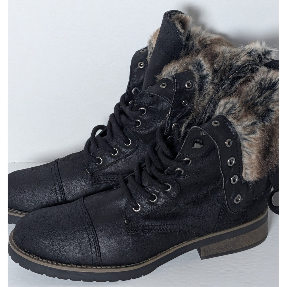 Women's Rockit Black Lace Up Combat Boots Fur Lined Studded Size 10 M